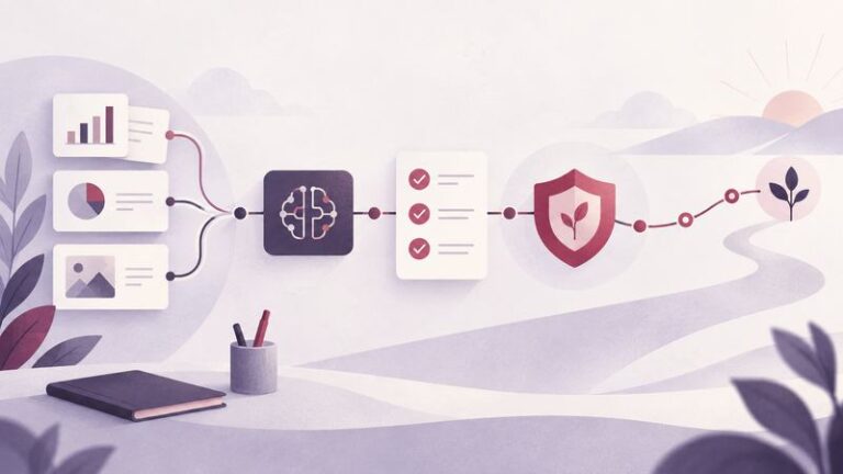 Human-guided AI workflow connecting data, review checkpoints, safeguards and a measured pilot path.