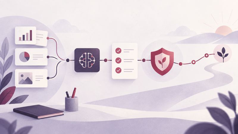 Human-guided AI workflow connecting data, review checkpoints, safeguards and a measured pilot path.