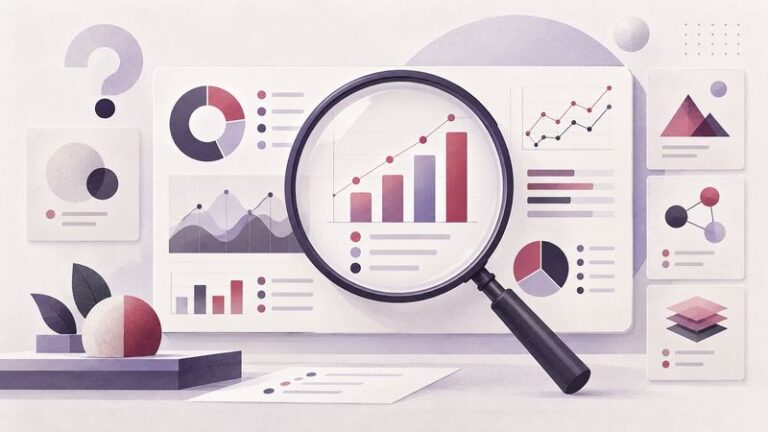 Magnifying glass examining charts and comparison patterns on a business dashboard.