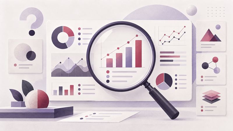 Magnifying glass examining charts and comparison patterns on a business dashboard.