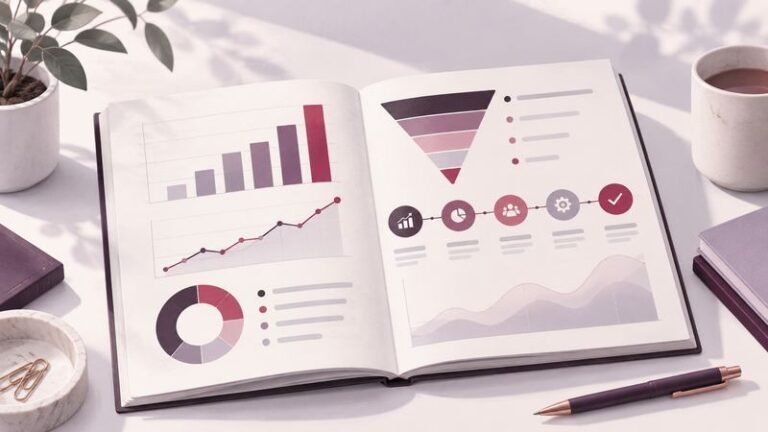 Open business report showing sales charts, a funnel and a five-step review path.