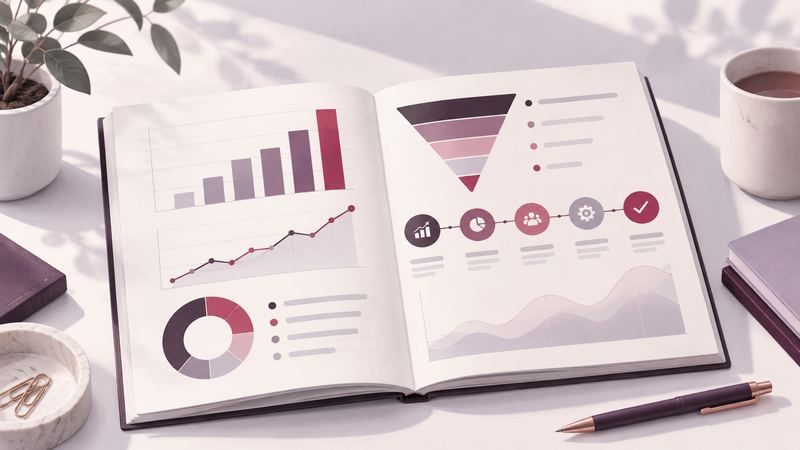 Open business report showing sales charts, a funnel and a five-step review path.